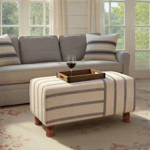 Rowena Interiors Rectangular Ticking Stripe Cotton Upholstered Bench with Solid Acacia Wood Base EC2040