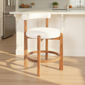 Rowena Interiors Acacia Wood Boucle Upholstered Counter Stool with Supportive Back for Kitchen Islands EC2043