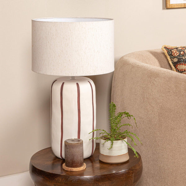Rowena Interiors 23.75 Inch Stoneware Table Lamp Hand Painted Stripes Linen Shade Farmhouse Accent EC2050