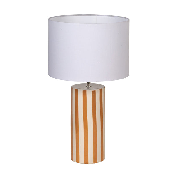 Rowena Interiors 18.5 Inch Artisan Striped Stoneware Table Lamp with Warm Linen Drum Shade for Cozy Spaces EC2056