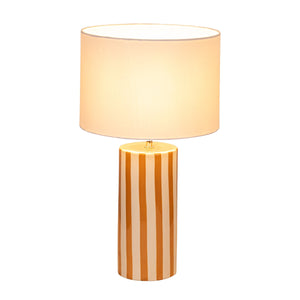 Rowena Interiors 18.5 Inch Artisan Striped Stoneware Table Lamp with Warm Linen Drum Shade for Cozy Spaces EC2056