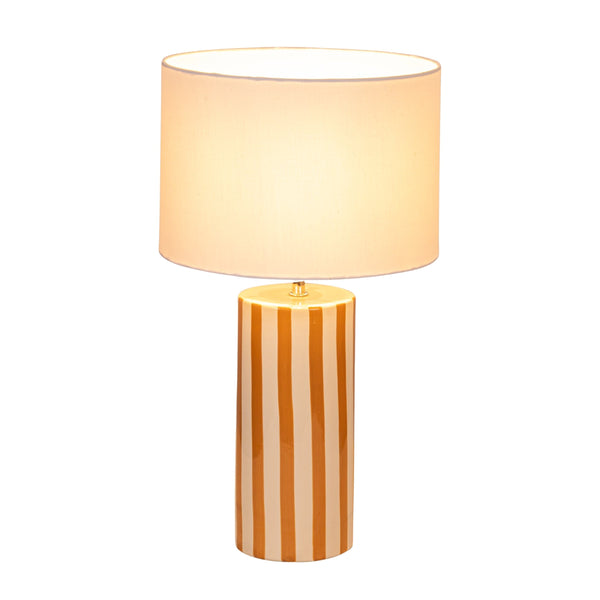 Rowena Interiors 18.5 Inch Artisan Striped Stoneware Table Lamp with Warm Linen Drum Shade for Cozy Spaces EC2056