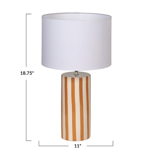Rowena Interiors 18.5 Inch Artisan Striped Stoneware Table Lamp with Warm Linen Drum Shade for Cozy Spaces EC2056