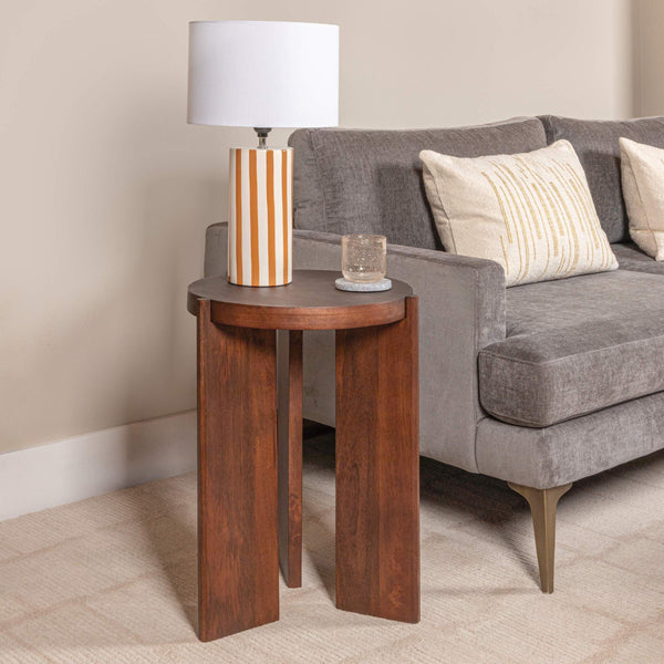 Rowena Interiors 18.5 Inch Artisan Striped Stoneware Table Lamp with Warm Linen Drum Shade for Cozy Spaces EC2056