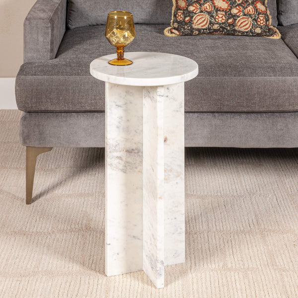 Rowena Interiors Round White Marble Martini Table with Sculptural Geometric Base for Living Spaces EC2057