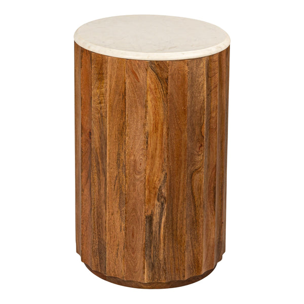 Rowena Interiors Round Fluted Mango Wood End Table with Genuine Marble Top for Living Room Decor EC2058