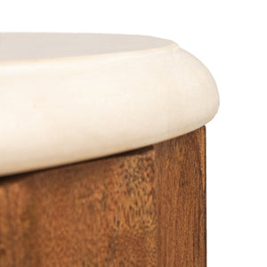 Rowena Interiors Round Fluted Mango Wood End Table with Genuine Marble Top for Living Room Decor EC2058