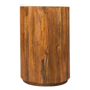 Rowena Interiors Round Fluted Mango Wood End Table with Genuine Marble Top for Living Room Decor EC2058