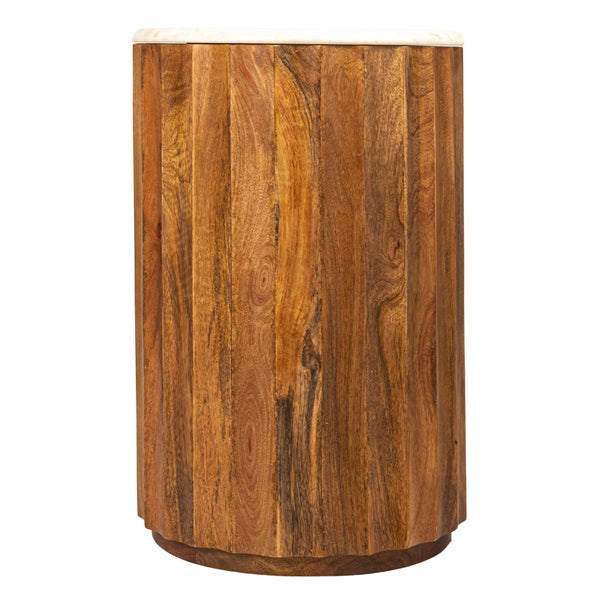 Rowena Interiors Round Fluted Mango Wood End Table with Genuine Marble Top for Living Room Decor EC2058