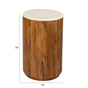 Rowena Interiors Round Fluted Mango Wood End Table with Genuine Marble Top for Living Room Decor EC2058