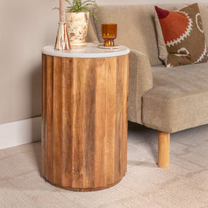 Rowena Interiors Round Fluted Mango Wood End Table with Genuine Marble Top for Living Room Decor EC2058