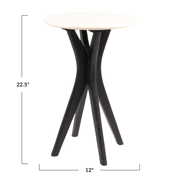 Rowena Interiors Round Marble Top Mango Wood Pedestal Accent Table for Living Room or Bedroom Black EC2061