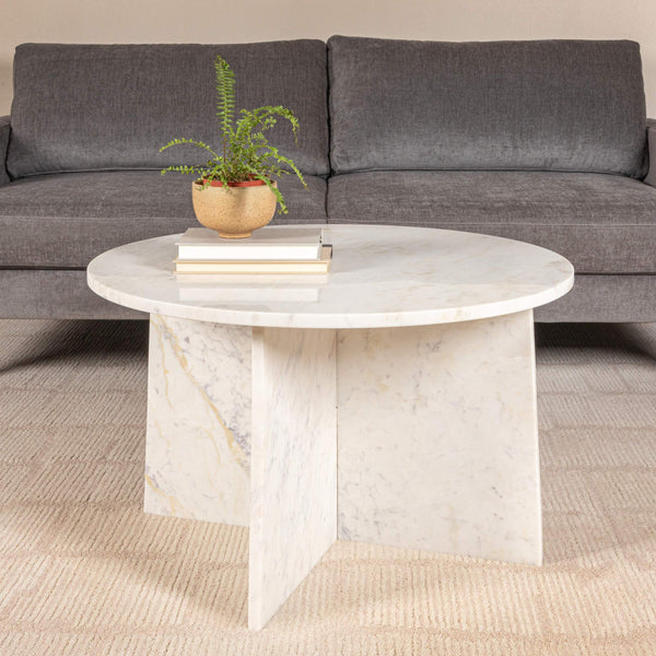 Rowena Interiors Round Marble Top Coffee Table with Geometric Cross Base for Modern Living Rooms EC2062