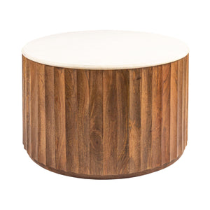 Rowena Interiors Round Marble Top Mango Wood Coffee Table Fluted Base for Living Room Decor EC2063