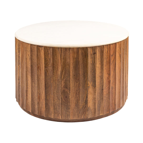 Rowena Interiors Round Marble Top Mango Wood Coffee Table Fluted Base for Living Room Decor EC2063