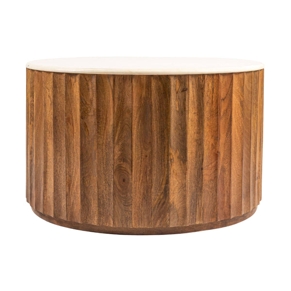 Rowena Interiors Round Marble Top Mango Wood Coffee Table Fluted Base for Living Room Decor EC2063