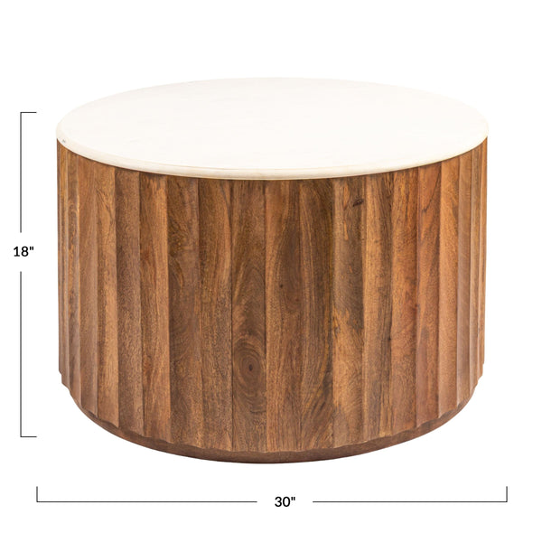 Rowena Interiors Round Marble Top Mango Wood Coffee Table Fluted Base for Living Room Decor EC2063