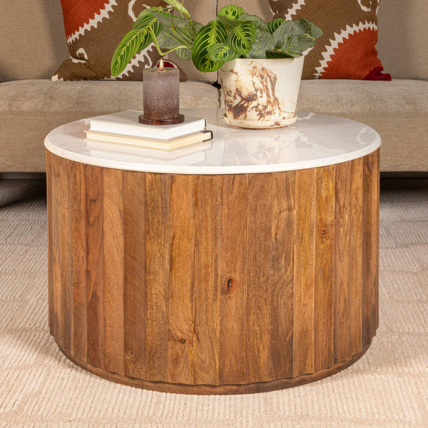Rowena Interiors Round Marble Top Mango Wood Coffee Table Fluted Base for Living Room Decor EC2063