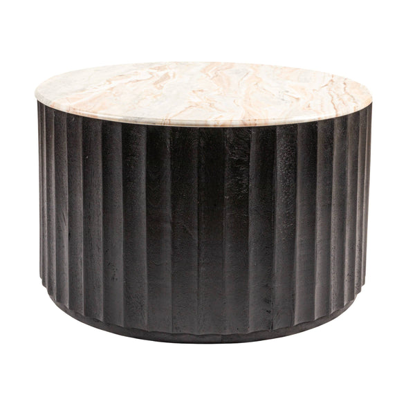 Rowena Interiors Round Marble Top Mango Wood Coffee Table with Fluted Base for Modern Living Rooms EC2064