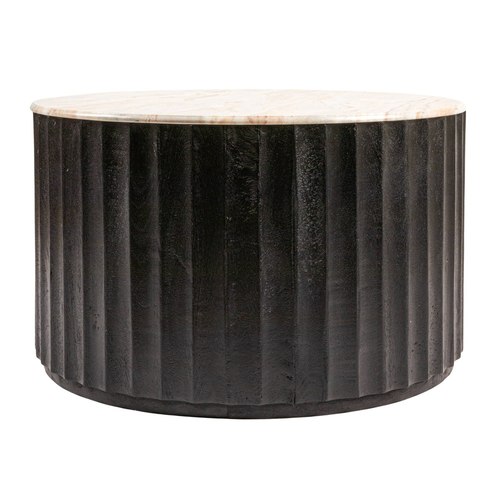 Rowena Interiors Round Marble Top Mango Wood Coffee Table with Fluted Base for Modern Living Rooms EC2064