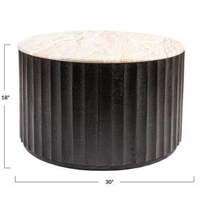 Rowena Interiors Round Marble Top Mango Wood Coffee Table with Fluted Base for Modern Living Rooms EC2064