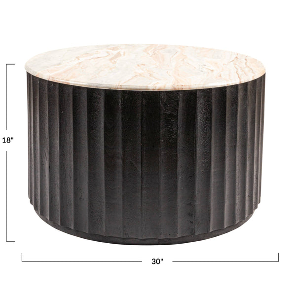 Rowena Interiors Round Marble Top Mango Wood Coffee Table with Fluted Base for Modern Living Rooms EC2064