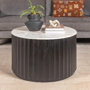 Rowena Interiors Round Marble Top Mango Wood Coffee Table with Fluted Base for Modern Living Rooms EC2064
