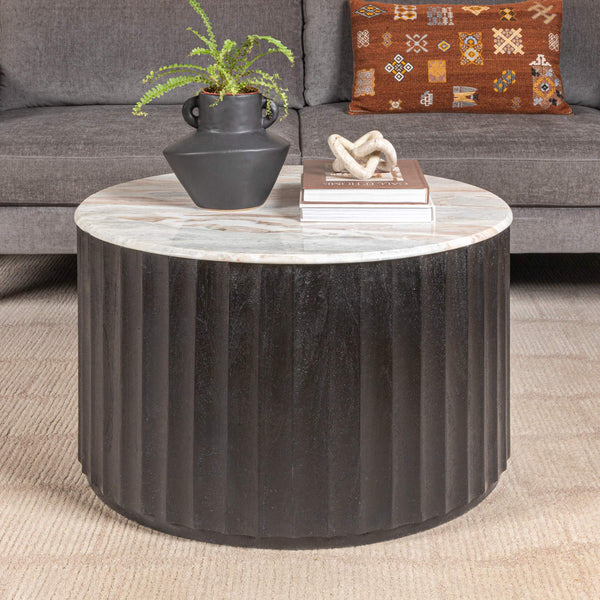 Rowena Interiors Round Marble Top Mango Wood Coffee Table with Fluted Base for Modern Living Rooms EC2064