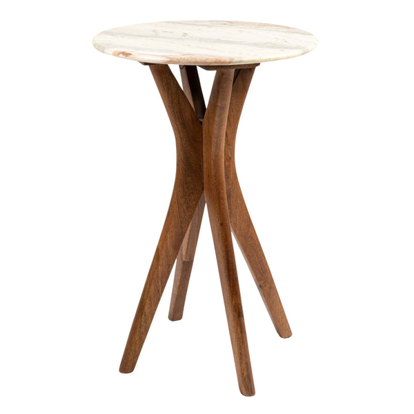 Rowena Interiors Round Marble Top Mango Wood Pedestal Accent Table for Living Room or Bedroom Walnut Finish EC2065