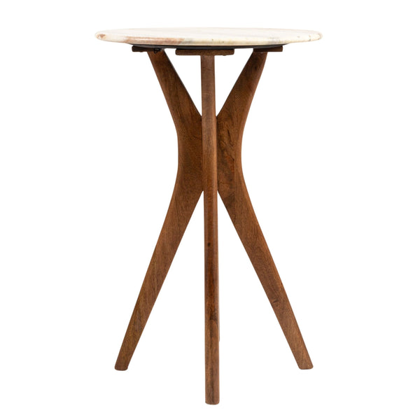 Rowena Interiors Round Marble Top Mango Wood Pedestal Accent Table for Living Room or Bedroom Walnut Finish EC2065