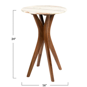 Rowena Interiors Round Marble Top Mango Wood Pedestal Accent Table for Living Room or Bedroom Walnut Finish EC2065