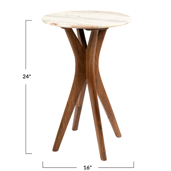 Rowena Interiors Round Marble Top Mango Wood Pedestal Accent Table for Living Room or Bedroom Walnut Finish EC2065