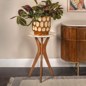 Rowena Interiors Round Marble Top Mango Wood Pedestal Accent Table for Living Room or Bedroom Walnut Finish EC2065