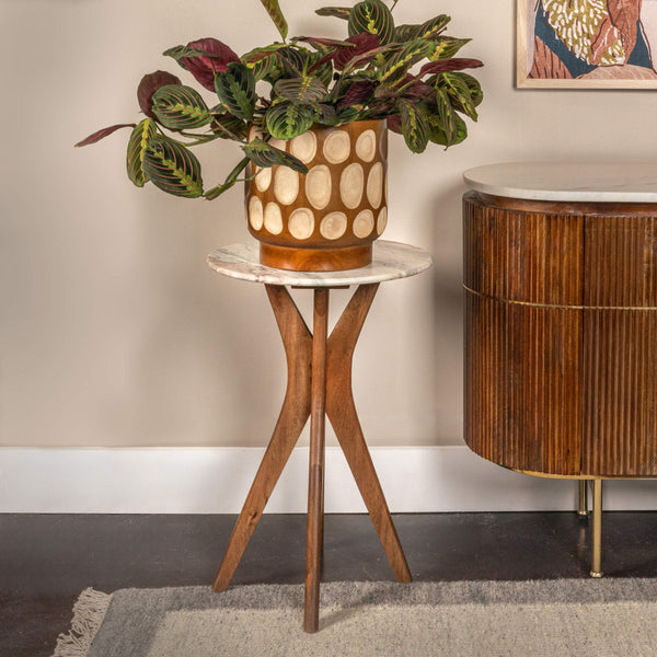 Rowena Interiors Round Marble Top Mango Wood Pedestal Accent Table for Living Room or Bedroom Walnut Finish EC2065