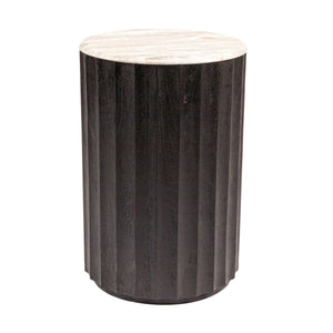 Rowena Interiors Round Marble Top Fluted Mango Wood Side Table Sculptural Accent for Any Living Space EC2066