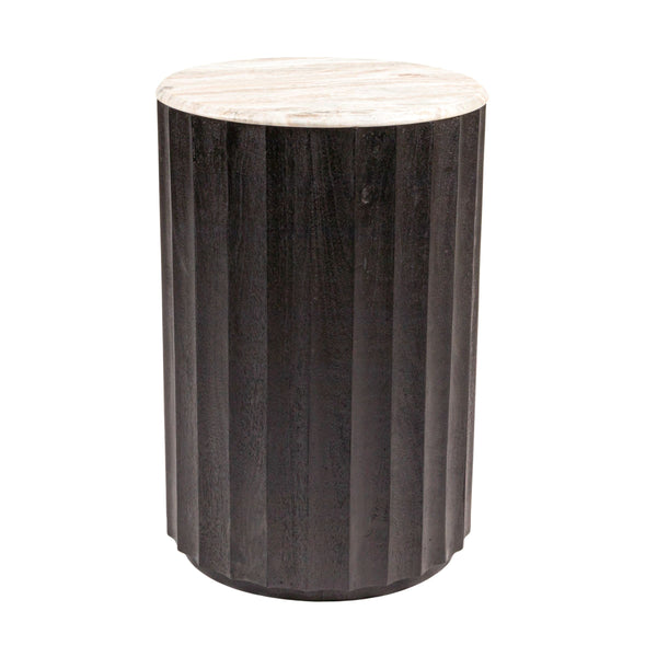 Rowena Interiors Round Marble Top Fluted Mango Wood Side Table Sculptural Accent for Any Living Space EC2066