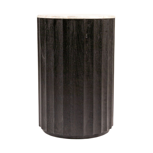 Rowena Interiors Round Marble Top Fluted Mango Wood Side Table Sculptural Accent for Any Living Space EC2066
