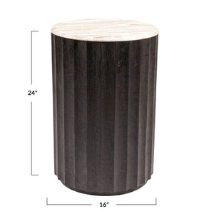 Rowena Interiors Round Marble Top Fluted Mango Wood Side Table Sculptural Accent for Any Living Space EC2066