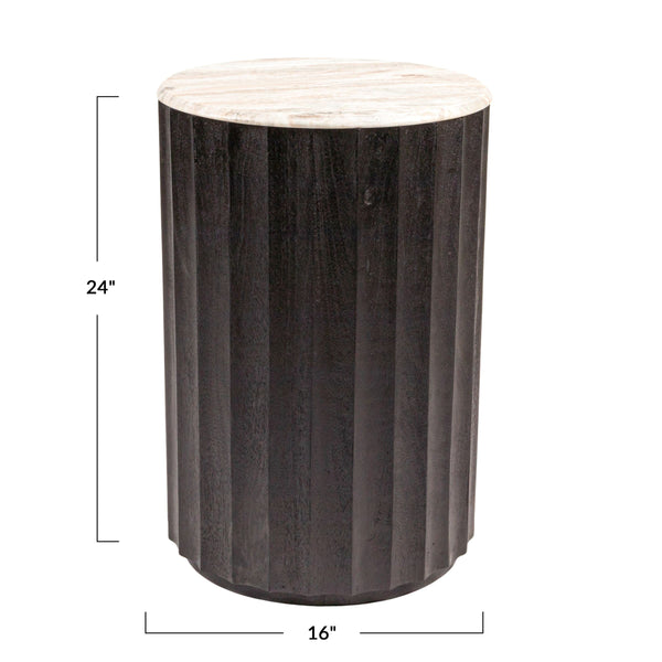 Rowena Interiors Round Marble Top Fluted Mango Wood Side Table Sculptural Accent for Any Living Space EC2066