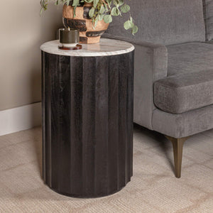 Rowena Interiors Round Marble Top Fluted Mango Wood Side Table Sculptural Accent for Any Living Space EC2066