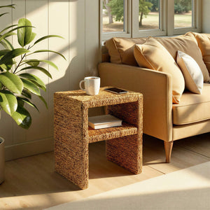 Rowena Interiors Square Handwoven Water Hyacinth Acacia Wood End Table for Coastal Bohemian Living Spaces EC2067
