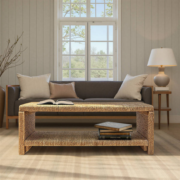 Rowena Interiors Woven Water Hyacinth Acacia Frame Coffee Table Handcrafted Organic Bohemian Living Room EC2068