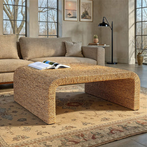 Rowena Interiors Woven Water Hyacinth Acacia Square Coffee Table with Waterfall Edge for Boho Living EC2069