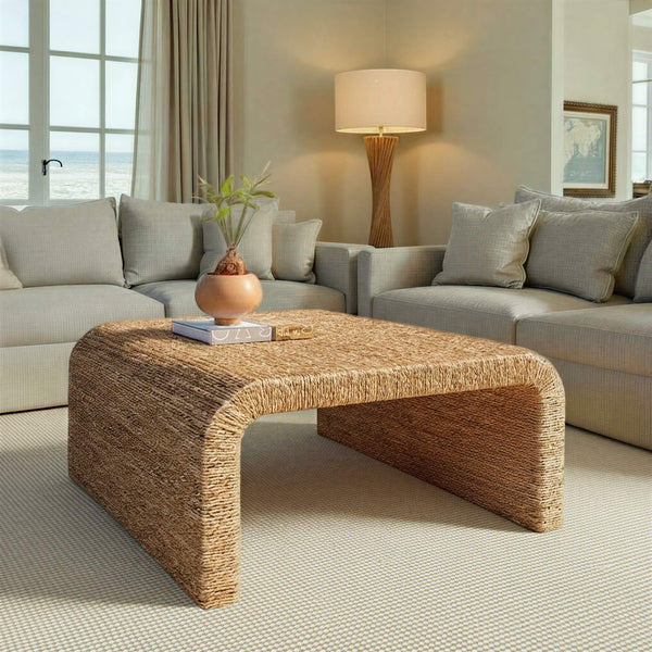 Rowena Interiors Woven Water Hyacinth Acacia Coffee Table Handcrafted Waterfall Edge Boho Living Room EC2070