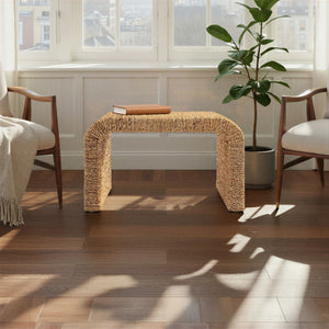 Rowena Interiors Woven Water Hyacinth Acacia Frame Accent Bench Handcrafted Coastal Bohemian Entryway EC2072