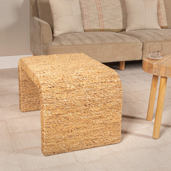 Rowena Interiors Woven Water Hyacinth Acacia Frame Accent Bench Handcrafted Coastal Bohemian Entryway EC2072