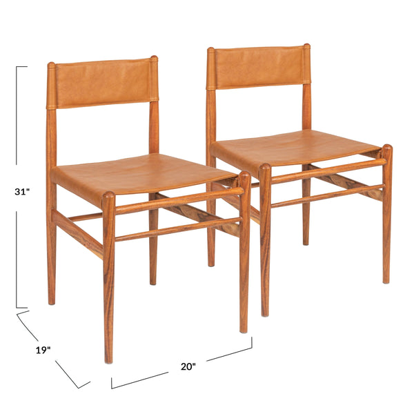 Rowena Interiors Acacia Solid Wood and Leather Dining Chairs Set of 2 for Farmhouse or Coastal Rooms EC2073