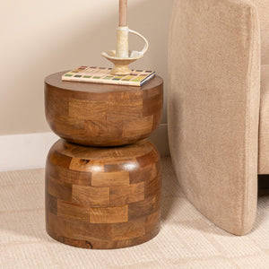 Rowena Interiors Round Mango Wood End Grain Side Table Sculptural Walnut Finish Farmhouse Accent EC2076