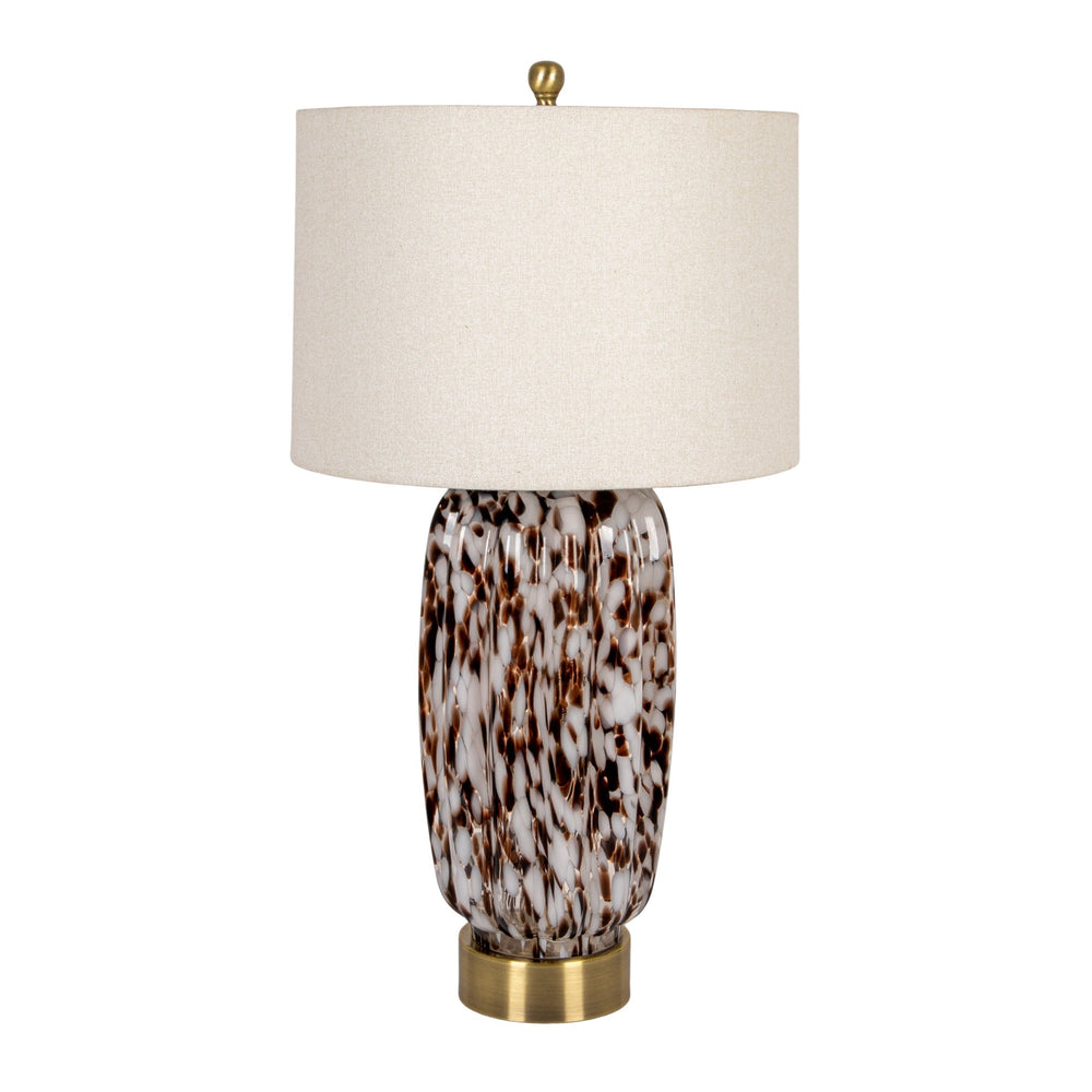 Rowena Interiors 30 Inch Tortoise Art Glass Table Lamp with Amber Swirl Body and Linen Drum Shade EC2078