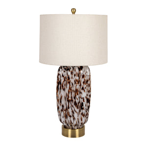 Rowena Interiors 30 Inch Tortoise Art Glass Table Lamp with Amber Swirl Body and Linen Drum Shade EC2078